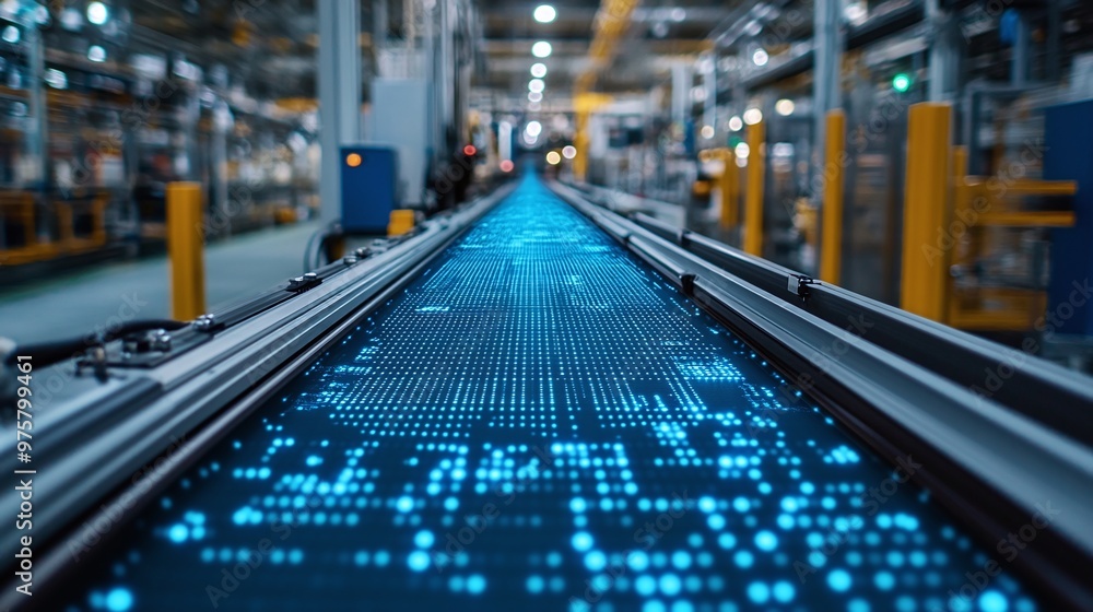 Poster a cutting-edge industrial automation scene showing a conveyor belt equipped with a digital overlay, 