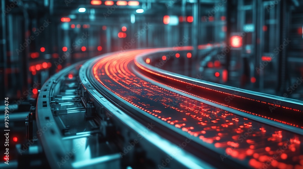 Poster detailed view of a conveyor belt in an industrial automation environment, enhanced with a digital ov