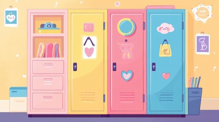 Colorful Lockers with Decorations and School Supplies