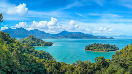 Obraz premium Langkawi Island is beautiful, the sea is beautiful, the sky is clear, the clouds are beautiful, and the trees are green.