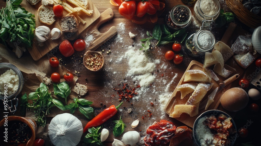 Poster Traditional Italian cooking ingredients arranged in a vibrant composition, showcasing homemade food