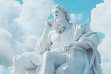 White Marble Statue of a Man with a Beard Sitting on a Stone Bench Against a Blue Sky with White Clouds