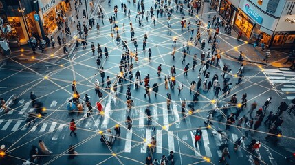 a comprehensive aerial view of city street activity with individuals connected by a network of lines, demonstrating the complex web of connectivity and movement in an urban setting