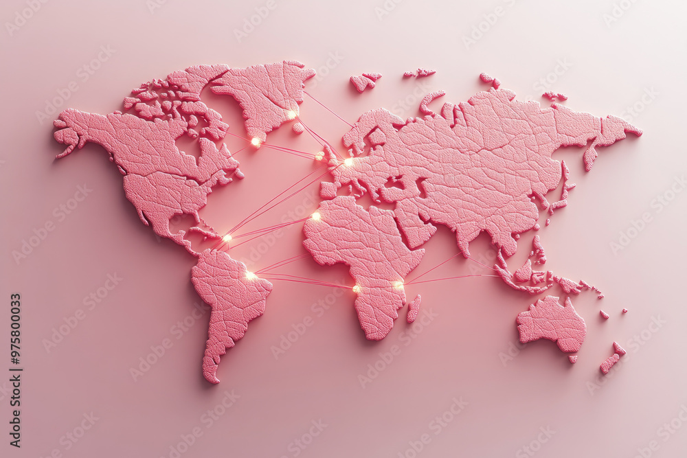 Poster pink textured world map with glowing connections highlighting global networks, symbolizing communica