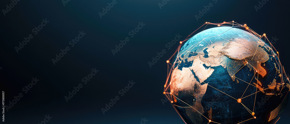 Poster illuminated globe with network connections, symbolizing global connectivity and digital interaction 