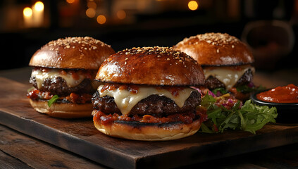 Three delicious gourmet burgers with melted cheese on a rustic wooden board, perfect for food lovers and culinary enthusiasts.