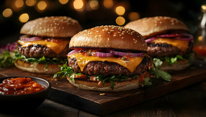 A tantalizing display of three gourmet burgers, showcasing juicy patties, melted cheese, and fresh toppings on a rustic wooden board.