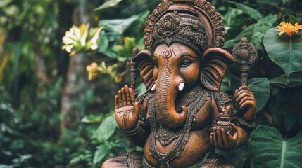 Obraz premium An eco-friendly Ganesha statue adorned with leaves and flowers, reflecting harmony with nature.