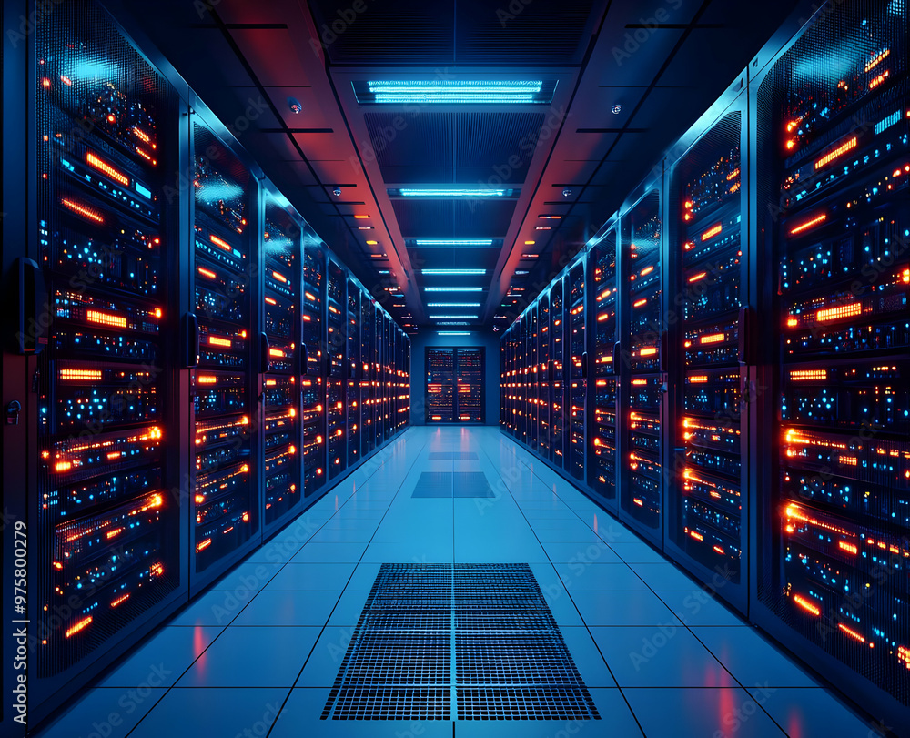 Poster a futuristic data center corridor illuminated by vibrant blue and orange lights, showcasing rows of 