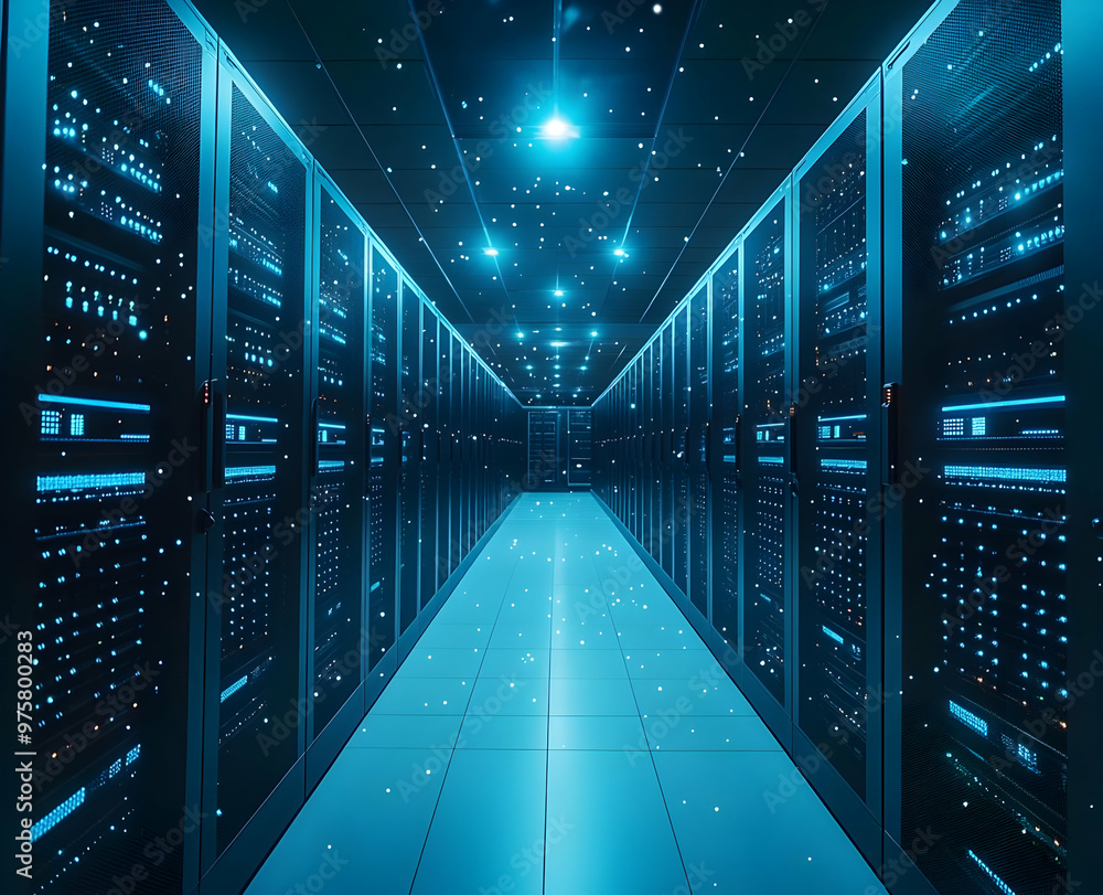 Poster futuristic server room with glowing lights, representing modern technology and data storage in a sec