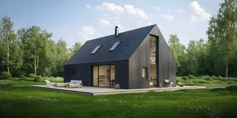 Modern Black House with Large Windows Surrounded by Trees