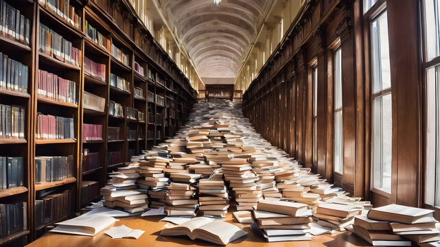 Paper documents  flying in  library or bookstore. Books or textbooks. AI generated image, ai