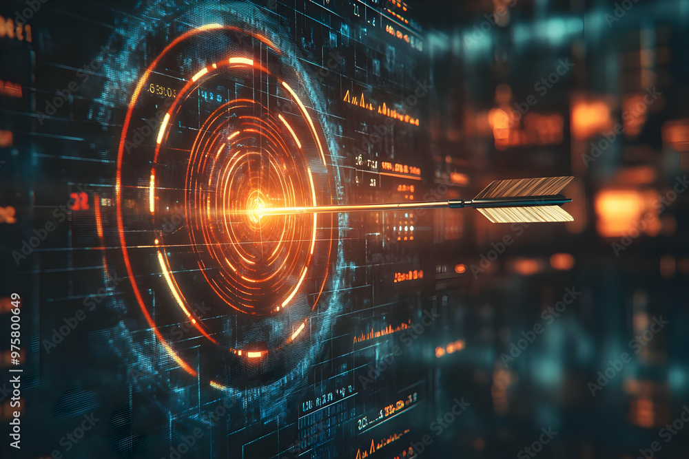 Poster a futuristic digital target with an arrow hitting the center, representing precision and technology 