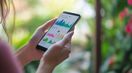 A person using a digital health app on a smartphone to track steps, calories, and heart rate.