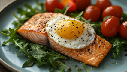 Delicious salmon fillet topped with a sunny side up egg, served on a bed of fresh arugula and cherry tomatoes.