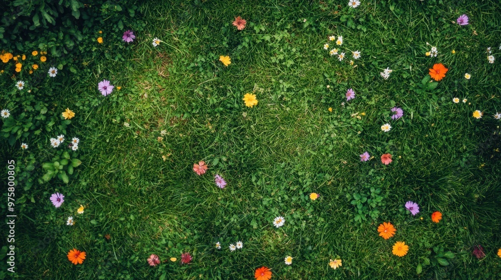 Poster a view from above of lush green grass with scattered colorful flowers, creating a vibrant spring bac