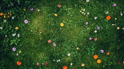 A view from above of lush green grass with scattered colorful flowers, creating a vibrant spring background.