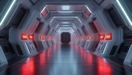 Obraz premium Futuristic corridor featuring sleek lines, glowing lights, and dramatic shadows for sci-fi or space-themed projects.