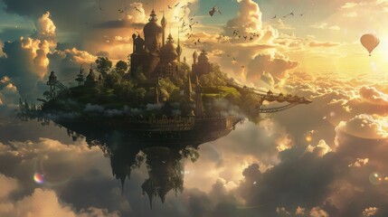 a fairytale island soars in the sky among the clouds