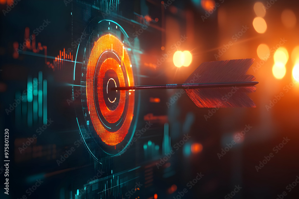 Poster a vibrant digital target with an arrow, representing precision and focus in a futuristic environment