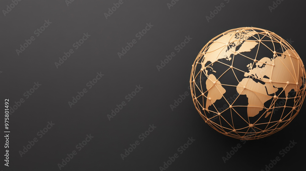 Poster golden globe with interconnected lines illustrating global connectivity, set against a sleek black b