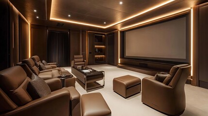 Luxurious home cinema with plush leather seating, a massive screen, and dimmable recessed lighting for an immersive viewing experience.