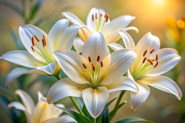 Close-up photo of three pristine white lilies, with their delicate petals and prominent yellow and brown stamen. The flowers are in focus, while the background is blurred, creating a sense of depth