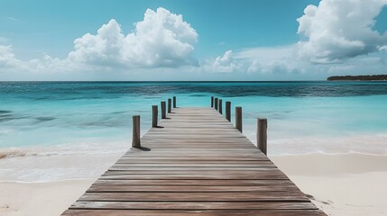 Fototapeta premium Wooden Dock Leading to Turquoise Water with White Sand Beach