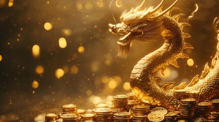 Obraz premium Majestic golden dragon coiling around piles of gold and silver coins, capturing the festive spirit of the Chinese New Year.