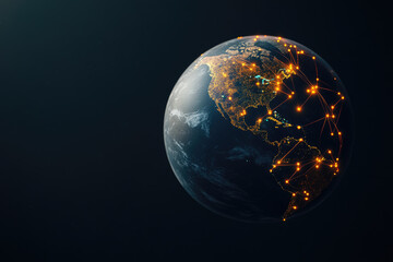 Global Connectivity Network, illuminated Earth showcasing vibrant city lights and digital connections, symbolizing technology and interconnectedness across continents.