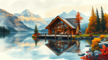 Fototapeta premium Herbstliche Seelandschaft mit Berghütte