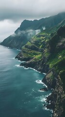 Sea Cliffs and Foggy Mountain Landscape