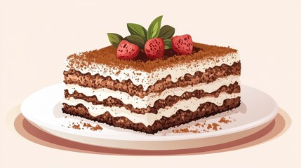 Delicious Tiramisu with Strawberries on a White Plate