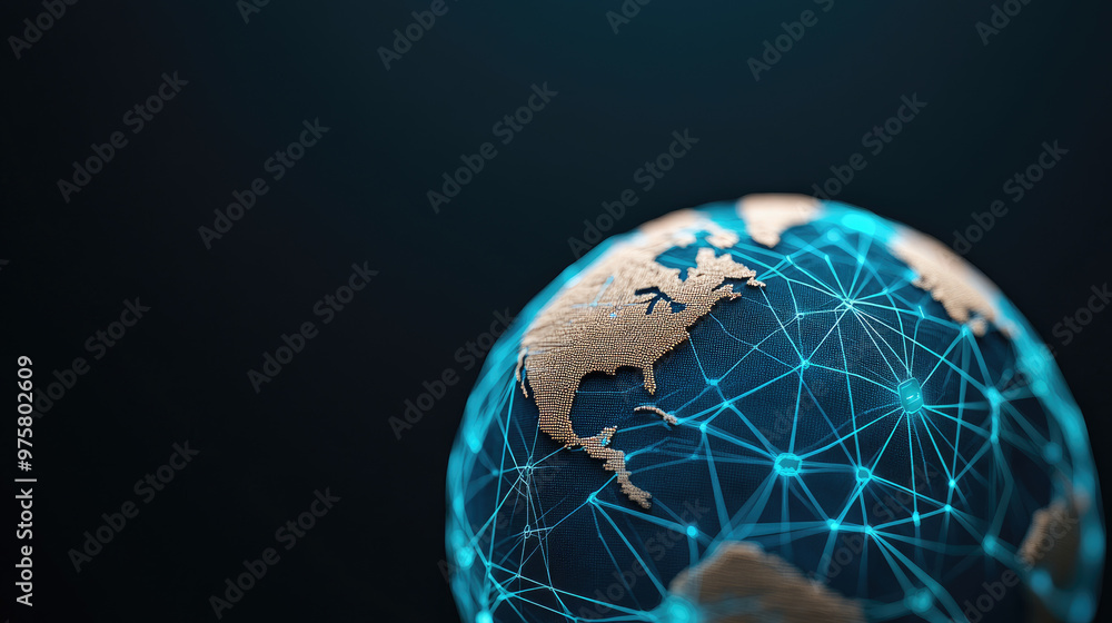 Poster digital globe showcasing interconnected networks, emphasizing global communication, technological ad