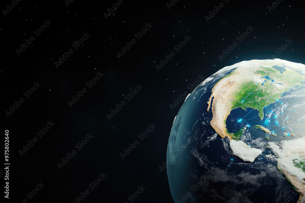 Poster global connectivity, vibrant planet earth captured from space, showcasing geographical details and i