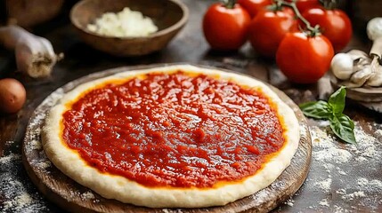 Pizza Dough with Tomato Sauce on a Wooden Board