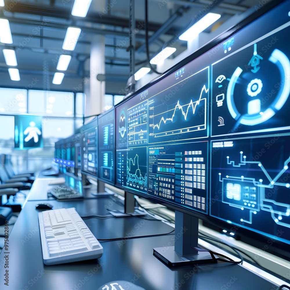 Poster smart grid control room monitoring renewable energy distribution with digital displays and analytics