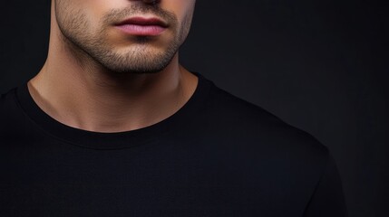 Obraz premium Close-up of a young man wearing a blank black T-shirt, ready for use in branding or product presentation with space for logos.