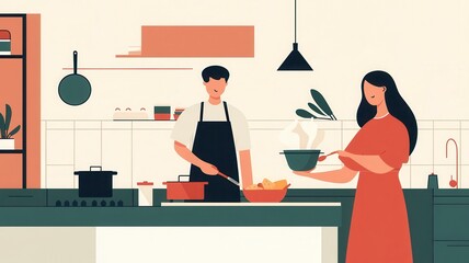A modern kitchen scene featuring a couple cooking together, showcasing teamwork and culinary creativity in a vibrant setting.