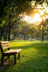 Fototapeta premium A peaceful park scene featuring a wooden bench surrounded by lush green grass and trees, illuminated by warm sunset light.