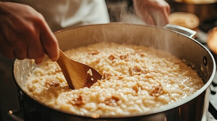 Close-up of a Chef Stirring Risotto with a Wooden Spoon