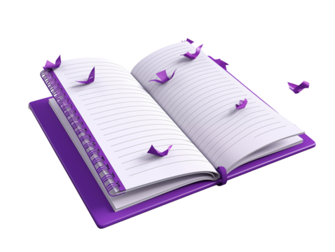 Purple Spiral Notebook With Open Pages And Flying Paper Bird Decorations Isolated On Transparent Background