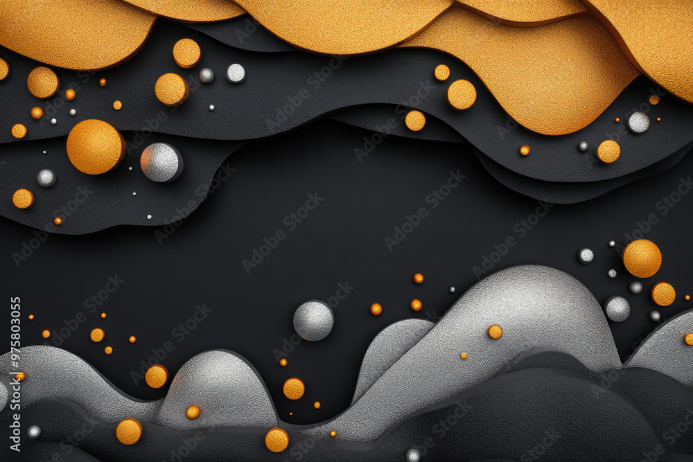 Aufkleber dynamic layers of texture, wavy patterns in black and metallic tones, interspersed with spherical ac