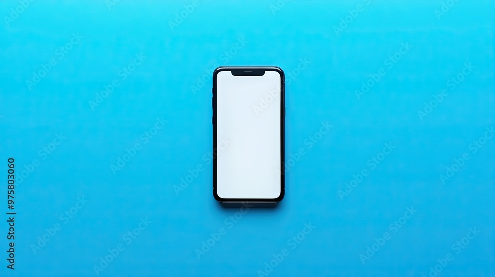 Poster minimalist image of a smartphone with a white screen on a bright blue background, creating a clean t