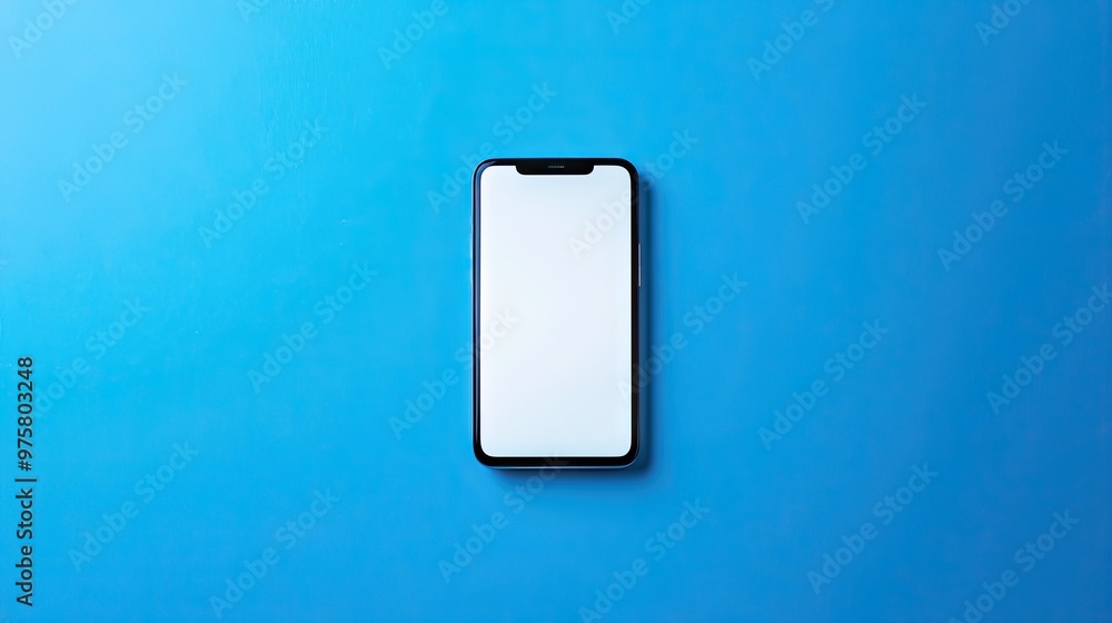 Poster minimalist image of a smartphone with a white screen on a bright blue background, creating a clean t