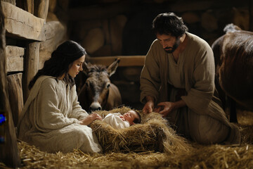 Young family is gathered around a manger, celebrating the birth of their newborn baby on christmas