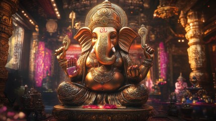 Fototapeta premium A luxurious Ganesha statue in a virtual realm, with detailed gold carvings and vibrant glowing elements.