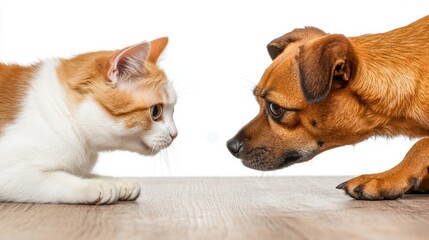 Obraz premium A dog and cat looking at each other on a wooden floor, AI
