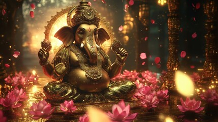 A grand virtual Ganesha surrounded by glowing lotus petals and intricate digital gold ornaments, radiating luxury.