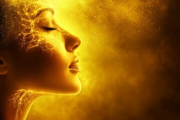 A serene woman in golden light symbolizes the peaceful flow of spiritual energy and mindfulness merging the elements of relaxation meditation and emotional clarity in a calming environment